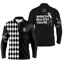 Load image into Gallery viewer, Mens golf polo shirt skull world's okayest golfer custom name black &amp; white argyle pattern golf shirts NQS5115