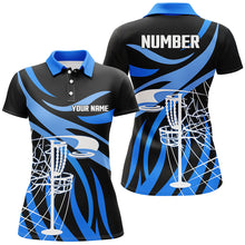 Load image into Gallery viewer, Womens golf polo shirt custom black and blue disc golf basket, personalized disc golf shirts NQS7244