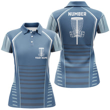 Load image into Gallery viewer, Womens golf polo shirts custom blue pattern disc golf basket, personalized disc golf outfit NQS7249