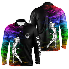 Load image into Gallery viewer, Personalized colorful rainbow smoke pattern black Mens golf polo shirts custom golf tops for mens NQS7262