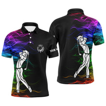 Load image into Gallery viewer, Personalized colorful rainbow smoke pattern black Mens golf polo shirts custom golf tops for mens NQS7262