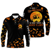 Load image into Gallery viewer, Funny black orange Halloween mens golf polo shirts custom my broom broke so now I drive a golf cart NQS6353