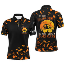 Load image into Gallery viewer, Funny black orange Halloween mens golf polo shirts custom my broom broke so now I drive a golf cart NQS6353