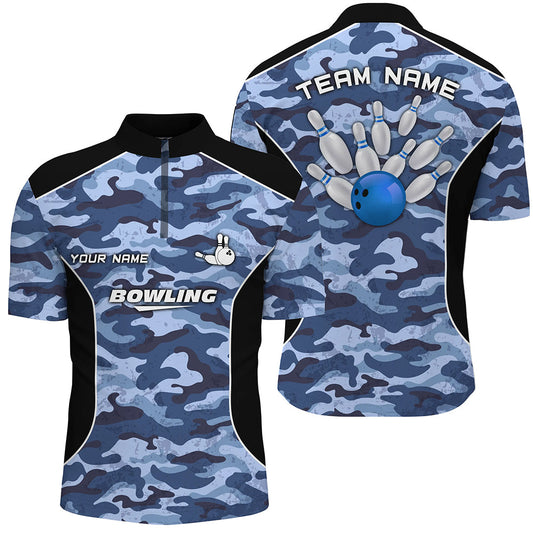 Men's bowling Quarter Zip shirts Custom bowling ball and pins blue camo Bowling Team Jersey for men NQS6361