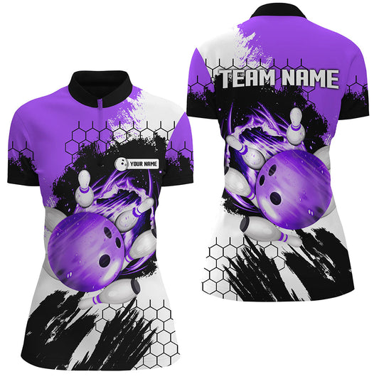 Purple Flame bowling ball and pins jerseys Custom Team League Bowling Quarter Zip Shirts For Women NQS6578