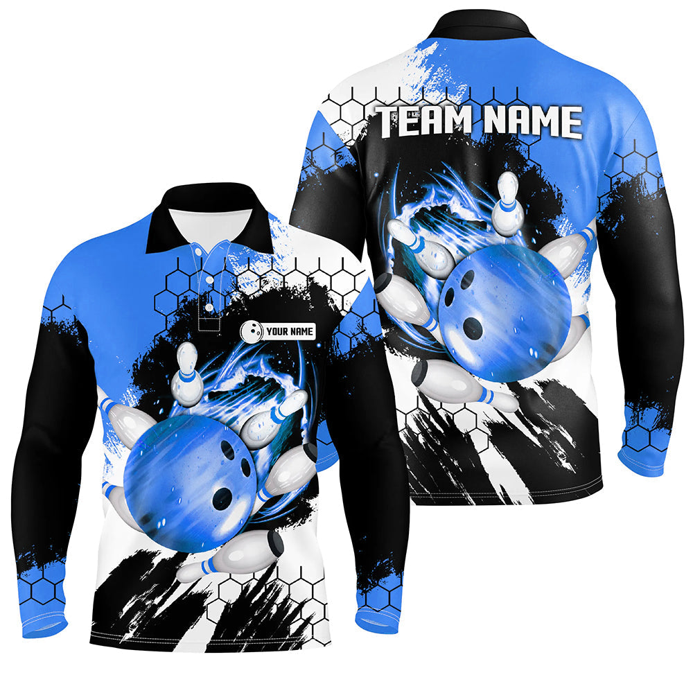 Blue Flame bowling ball and pins jerseys Custom Team League Bowling Polo Shirts For Men NQS7162