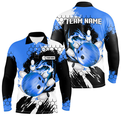 Blue Flame bowling ball and pins jerseys Custom Team League Bowling Polo Shirts For Men NQS7162