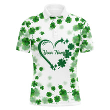 Load image into Gallery viewer, Mens golf polo shirts custom green clover heart St Patrick's Day pattern mens golf polos shirt NQS7197
