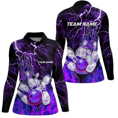 Women Bowling Polo Shirts Custom purple lightning thunder Bowling Team Jersey, gift for team Bowlers NQS7079