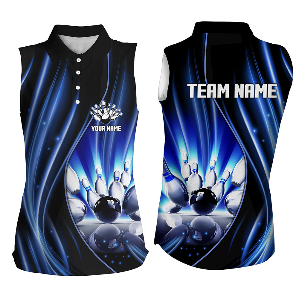 Blue and black light Women Bowling sleeveless Polos Custom league jerseys, personalized bowling gift NQS7082