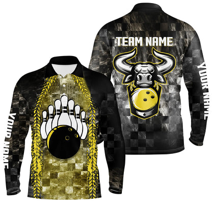 Bowling Bull Black And Yellow Mens bowling polo shirts Custom bowling ball pins Team League Jersey NQS6499