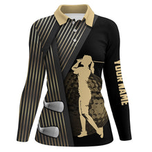 Load image into Gallery viewer, Black and gold Women golf polo shirt custom golf clubs team golf shirts, golf tops for ladies NQS7258