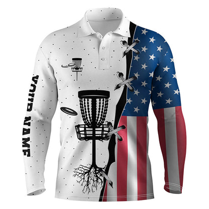 Mens disc golf polo shirt American flag custom name disc golf team shirt, disc golf gifts NQS4306