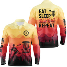 Load image into Gallery viewer, Sunset pattern Mens Disc golf polo shirts custom Eat sleep Disc golf repeat jersey, disc golf shirt NQS6826