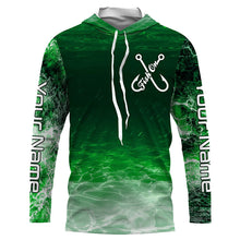 Load image into Gallery viewer, Fish on green sea water camo Custom Name performance long sleeve fishing shirts uv protection NQS7039