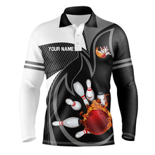 Load image into Gallery viewer, Black and White Bowling polo Shirt for men Custom red flame team bowling ball and pins Jerseys NQS7172