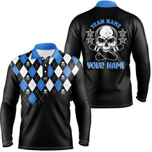 Load image into Gallery viewer, Black and blue argyle pattern bowling skull custom bowling polo shirts for men, bowling jerseys NQS6917