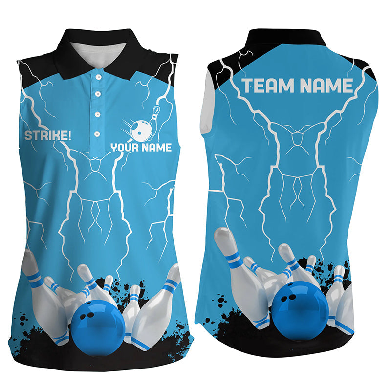 Women sleeveless polo shirts Custom bowling strike lightning storm team league jerseys | Blue NQS7084
