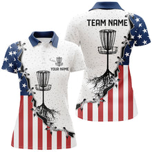 Load image into Gallery viewer, Red, white and blue American flag Womens disc golf polo shirt custom disc basket disc golf shirt NQS6765