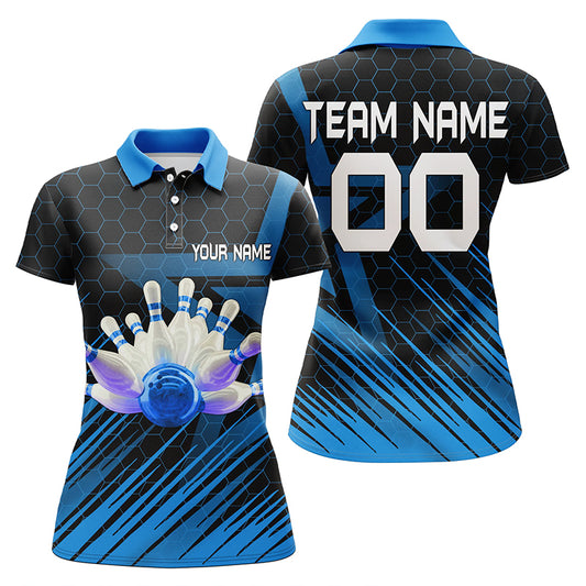 Custom Blue bowling shirt for women – personalized team jersey front view