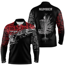 Load image into Gallery viewer, Red camo abstract pattern black Mens disc golf polo shirts custom disc golf clothing NQS6811