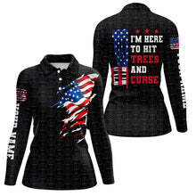 Load image into Gallery viewer, American flag Women disc golf polo shirts custom black disc golf pattern i'm here to hit trees &amp; curse NQS6288