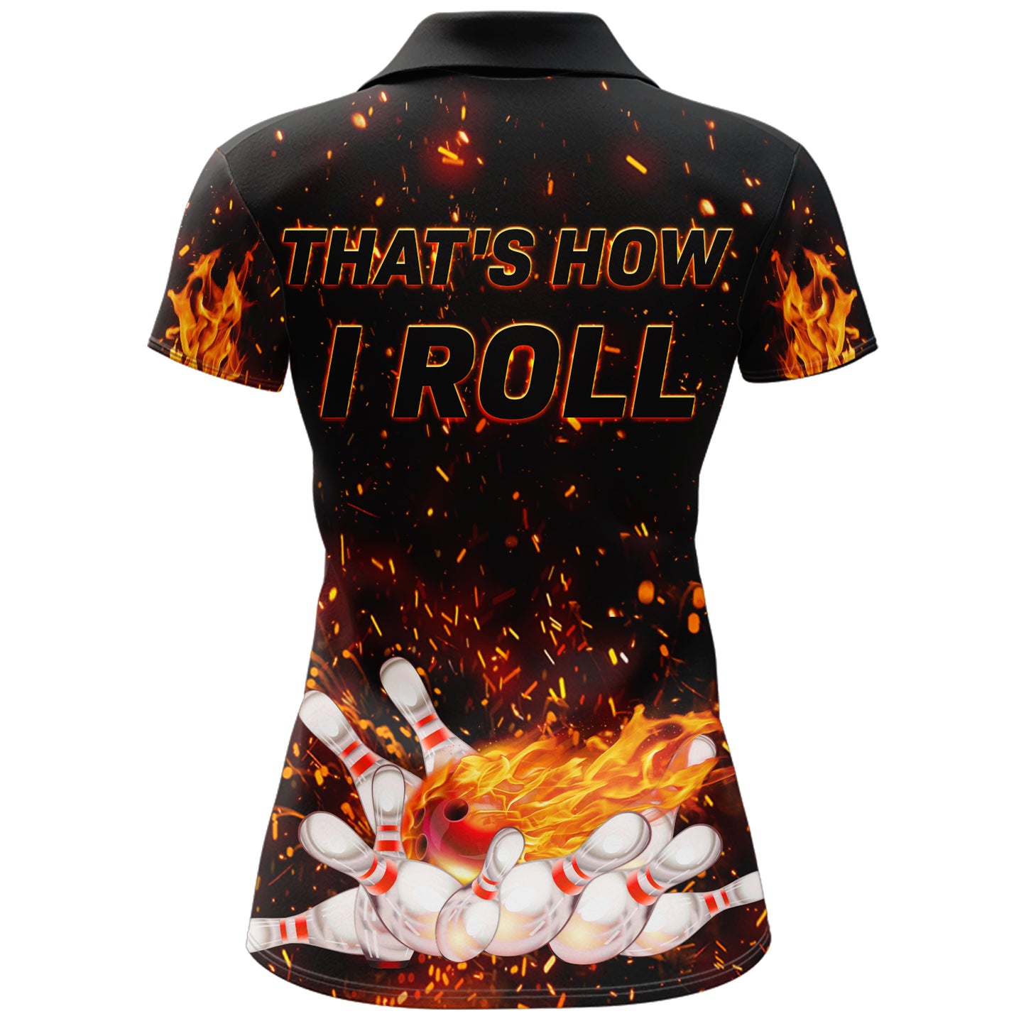 Flame Polo Bowling Shirt for Women, Personalized Black Bowling Jersey for Female Bowlers NBP139