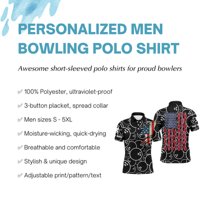 Custom American Flag Men Polo Bowling Shirt Black USA Bowling Short Sleeve Polo Men Bowlers NBP01